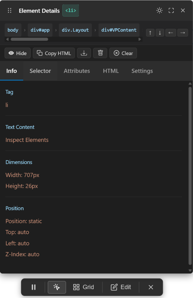 Element Inspector Info Tab