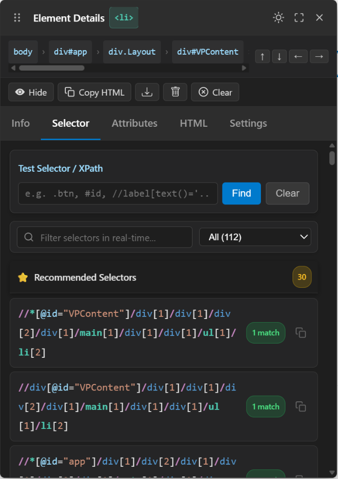 Element Inspector Selector Tab
