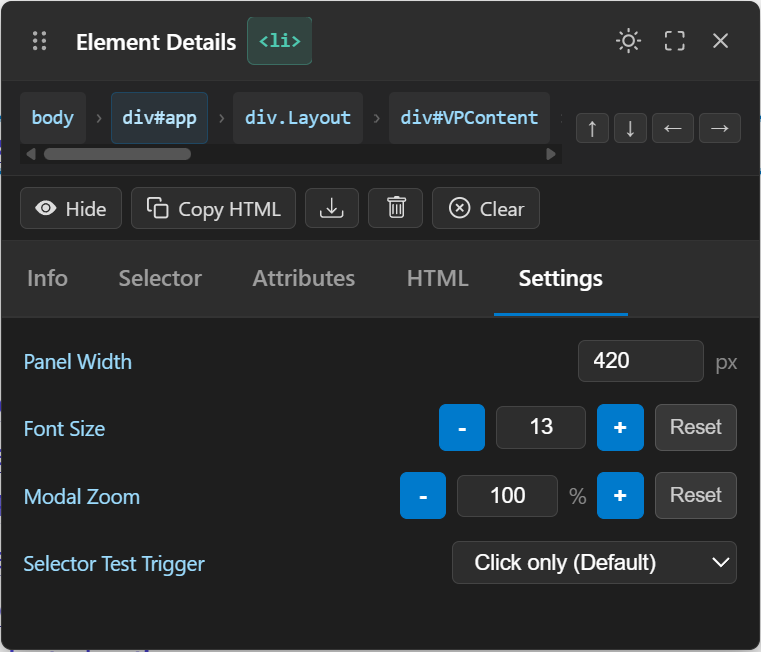 Element Inspector Settings Tab